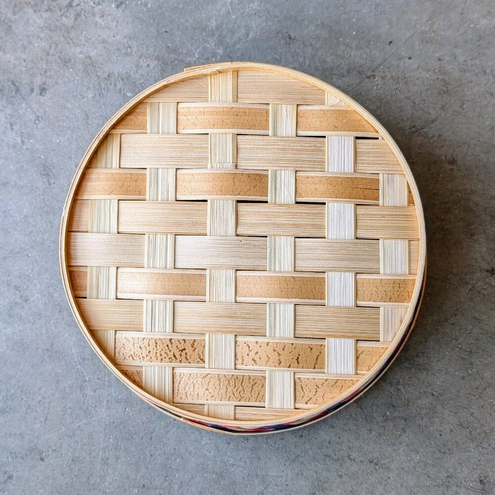 Vintage Red Blue Tan Woven Round Basket Bowl